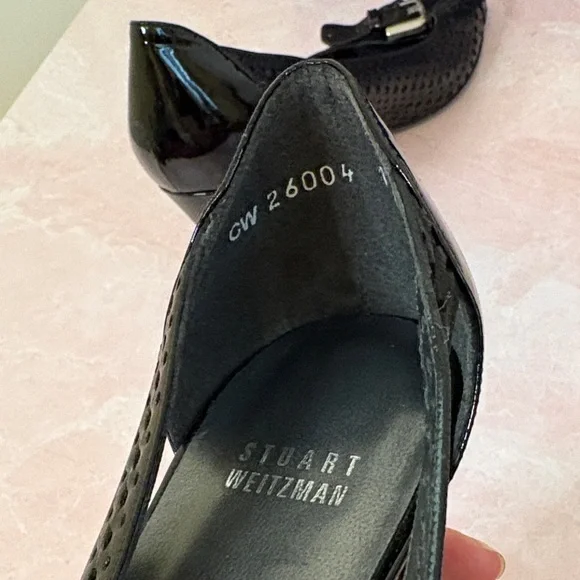 Stuart Weitzman Bowden Peep Toe Black Patent Perforated Buckle Heels, 10M - Picture 8 of 8